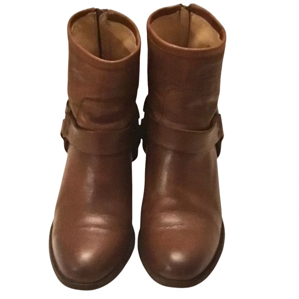 Frye Tabitha Brown Leather Short Ankle Boots Moto Harness Stacked Heel Size-8.5